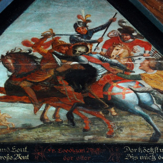 Kapellbrücke in Lucerne, Switzerland: a king and his men try to escape Death, XVII century